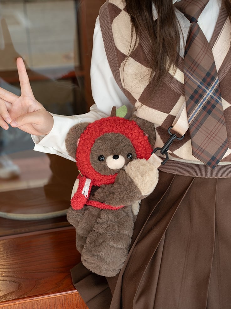 Brown Bear Plush Backpack/Crossbody Bag + Red Apple Hat + Red Apple Backpack Keychian Middle/Large Size