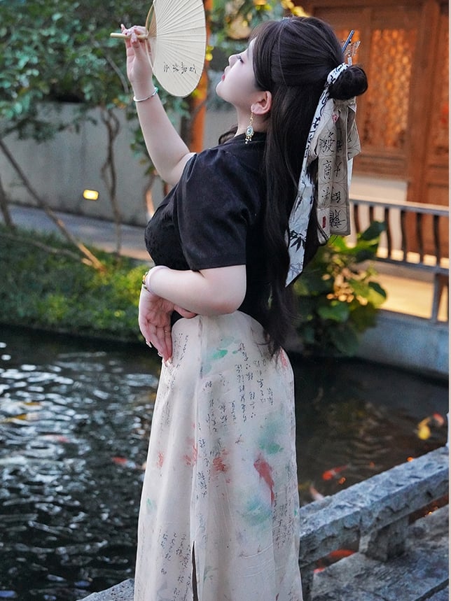 Plus Size Black and White Qipao Dress Side Slit