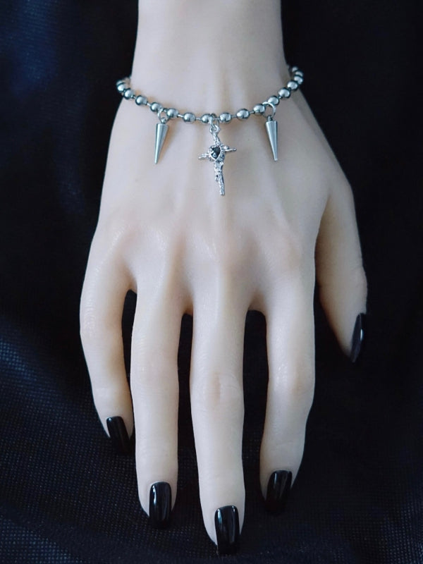 Silver&Black Gothic Cross And Studs Charm Bracelet