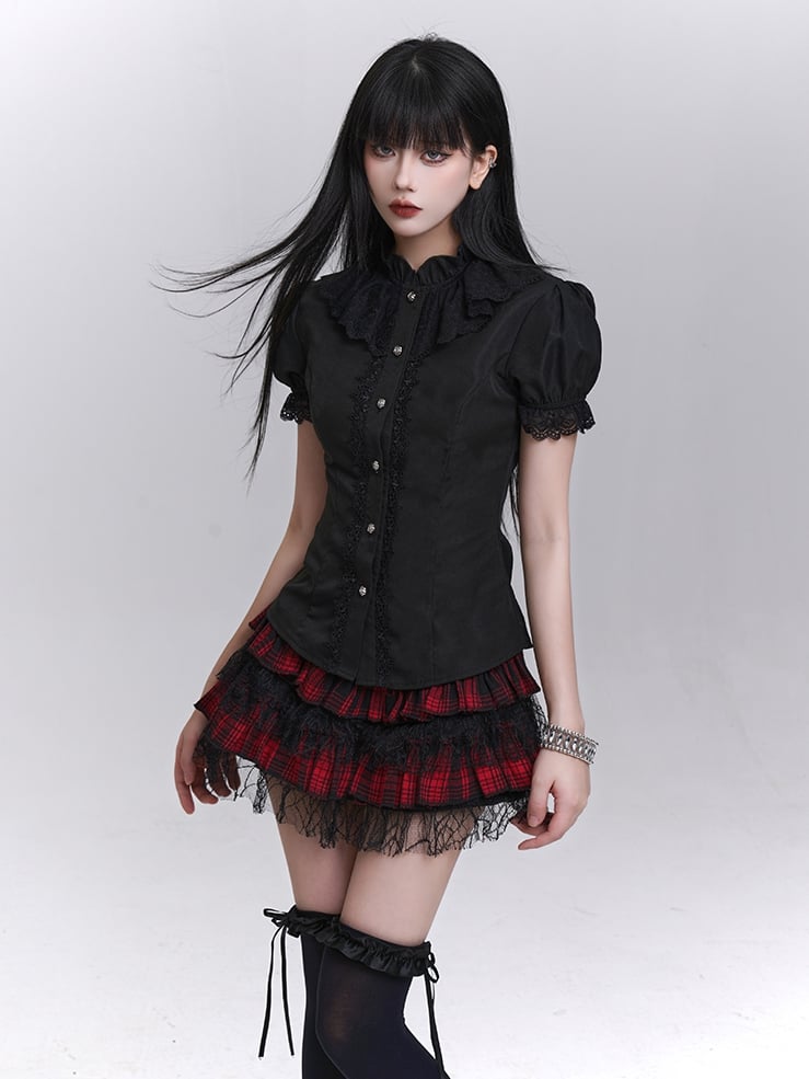 Black Puff Sleeves Vintage Gothic Blouse with Detachable Jabot Tie