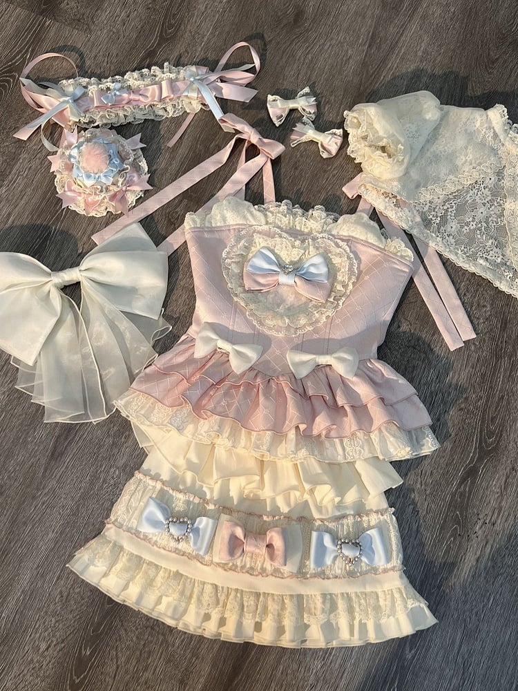 Pink and Blue Bow Accents Sweet Lolita Full Set - Cami Top + Skirt + Puff Sleeves Cropped Top