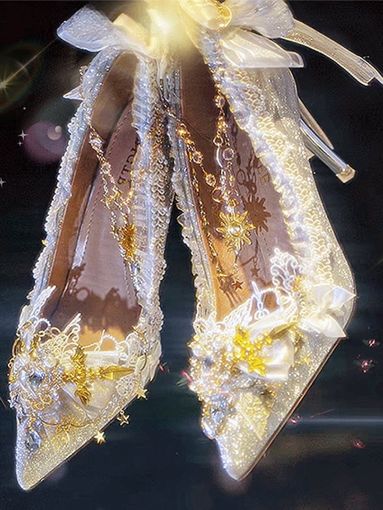 Silver Cross and Detachable Chain Bow Accent Glittering 7.5CM/10.5CM Hime Lolita High Heels