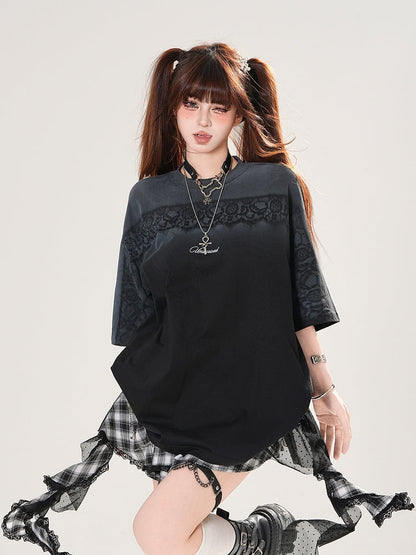 Gradient Black/White Round Neck Loose T-shirt