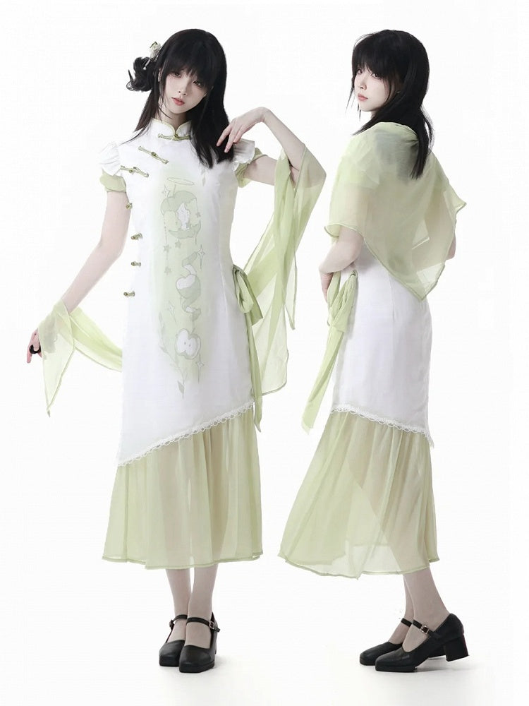 Green Apple Print Cheongsam Style Banded Collar Knot Buttons Qipao Dress
