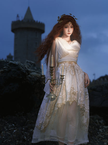 Gold Celestial Map Embroidery White Greek Style Cowl Neckline Jumper Skirt