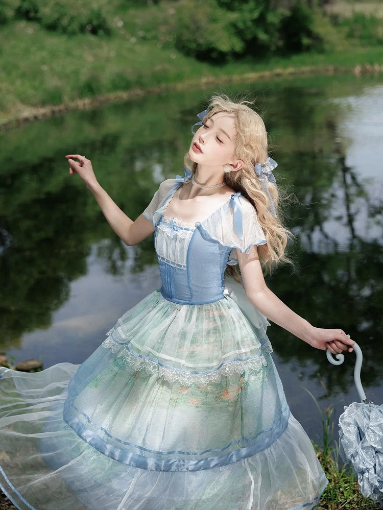 Oil Painting Water Lily Print Sky Blue Square Neckline and Flutter Sleeves One Piece