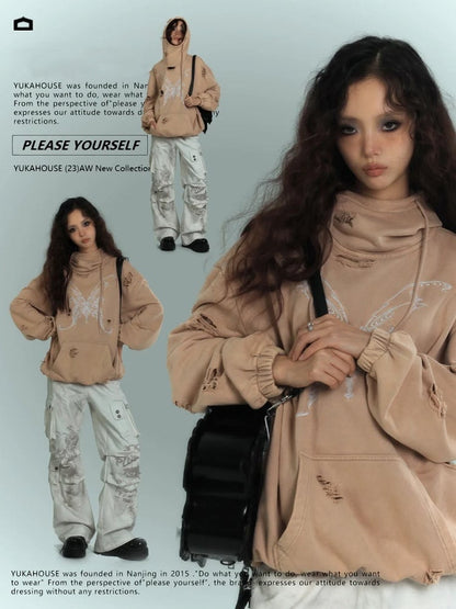 Butterfly Embroidery Camel Distressed Holes Punk Hoodie