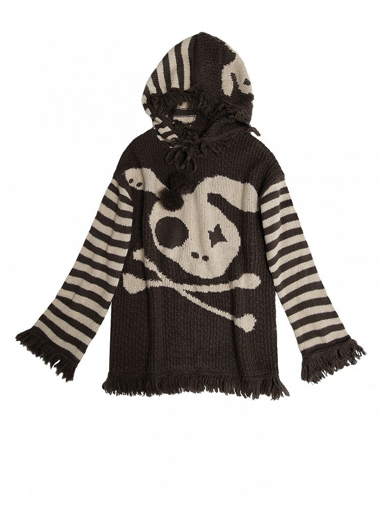 Khaki Skull Bunny Punk Loose Hooded Sweater with Striped Sleeves