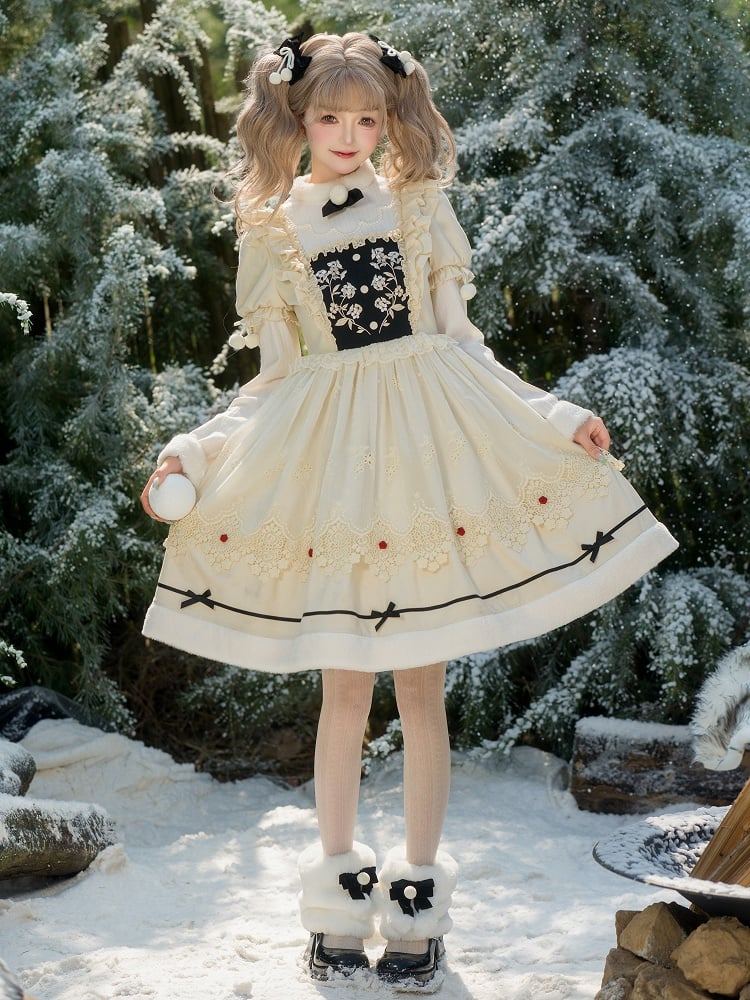 Beige Floral Embroidery Bodice Long Sleeves Lolita Dress Plush Neckline and Cuffs