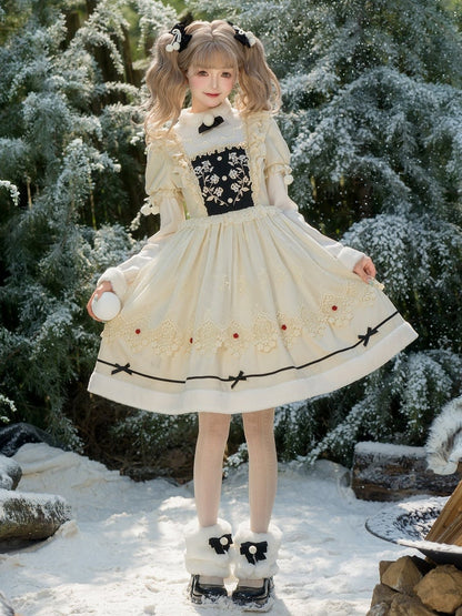 Beige Floral Embroidery Bodice Long Sleeves Lolita Dress Plush Neckline and Cuffs