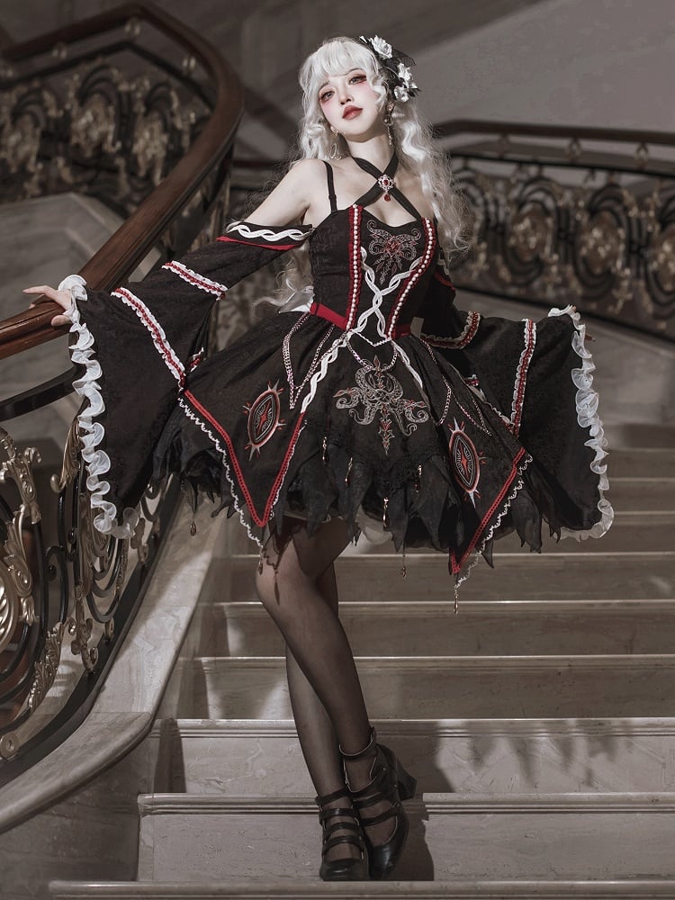Black and Red Halter Neck Cthulhu Vibes Lolita Dress with Detachable Bell Sleeves