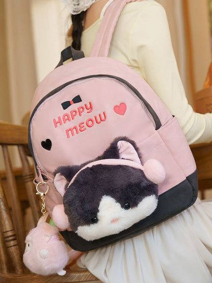 Pink&Gray Suede Letter And Heart Embroidery Backpack With A Detachable Kitty Plushie