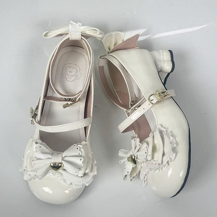 Sweet White Lolita Mid Heels with Bear Heel, Tiered Bows & Bear Clasp