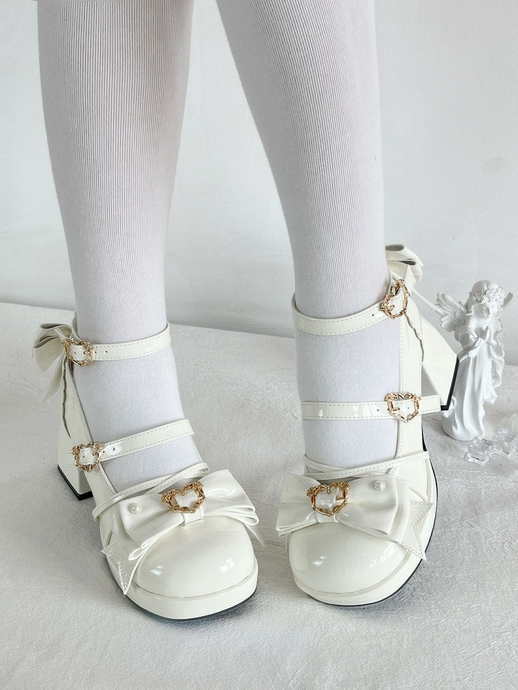 White Bow Accent Crisscross Design Lolita Platform High Block Heels