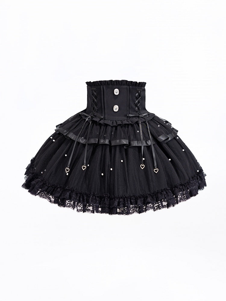 Allover Bead Black High Waist Jirai Kei Skirt with Lace Up and Shirring Waist