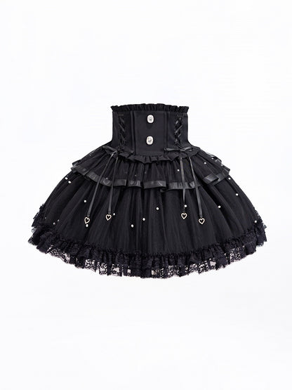 Allover Bead Black High Waist Jirai Kei Skirt with Lace Up and Shirring Waist