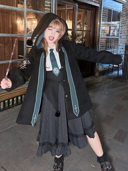 Plus Size Crosses Embroidery Black Witch Coat