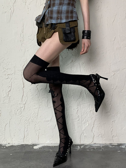 Black Y2K Rudder and Anchor Print Semi-shee Over Knee Stockings