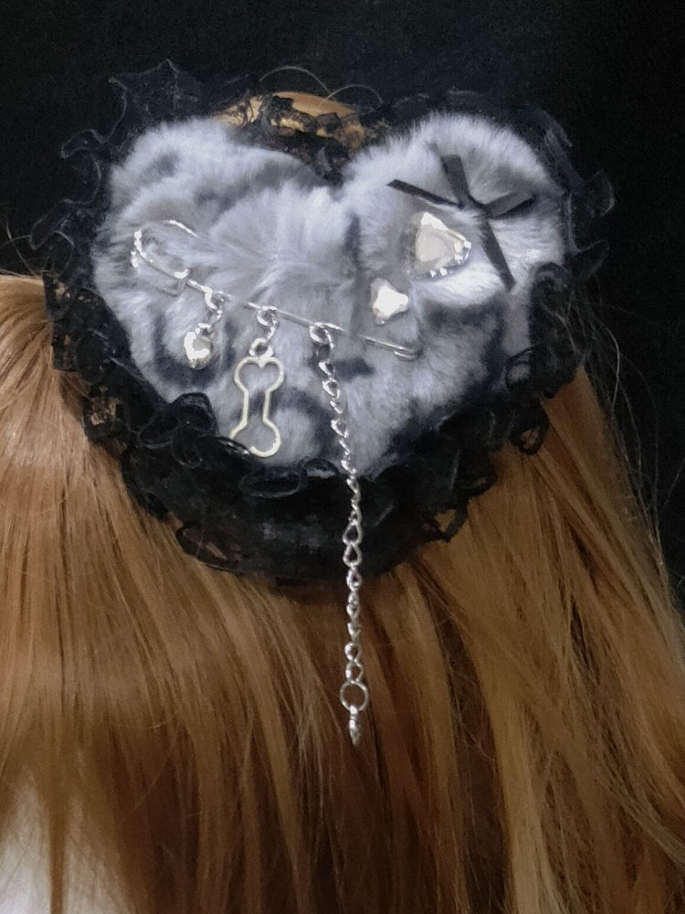 4 Color Options Lace Trim Tiger Spot Pattern Plush Heart Hairclip