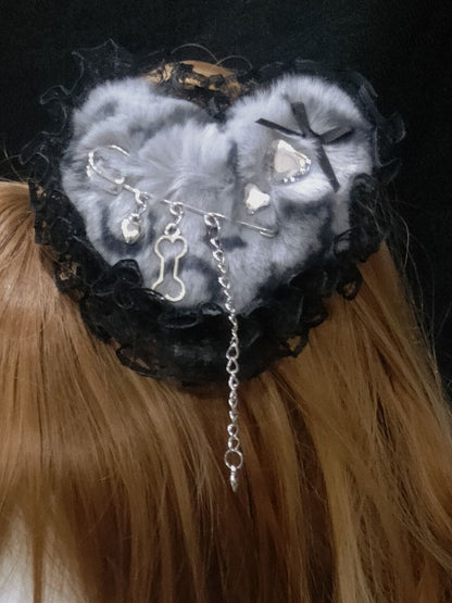 4 Color Options Lace Trim Tiger Spot Pattern Plush Heart Hairclip