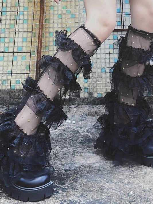 Black Y2K Star and Moon Tiered Ruffle Trims Leg Sleeves