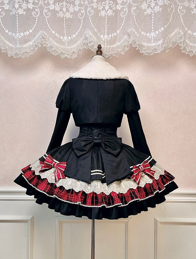 Black Juliette Sleeves Lolita Cropped Coat with White Faux Fur Collar and Cuffs