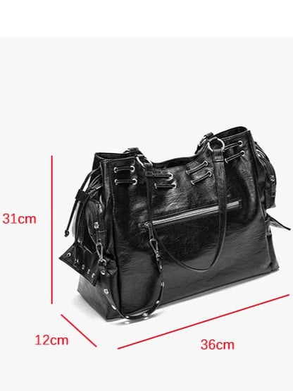 Black Studded Soft Tote Bag With Large Capacity&Adjustable Straps