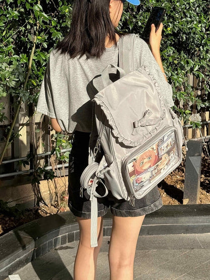 Gray Detachable Bunny Ears Design Fold-over Flap Ita Backpack