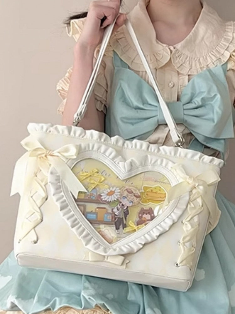 Yellow Diamond Pattern Lace-up Design Ruffles Trim Heart PU Tota Ita Bag