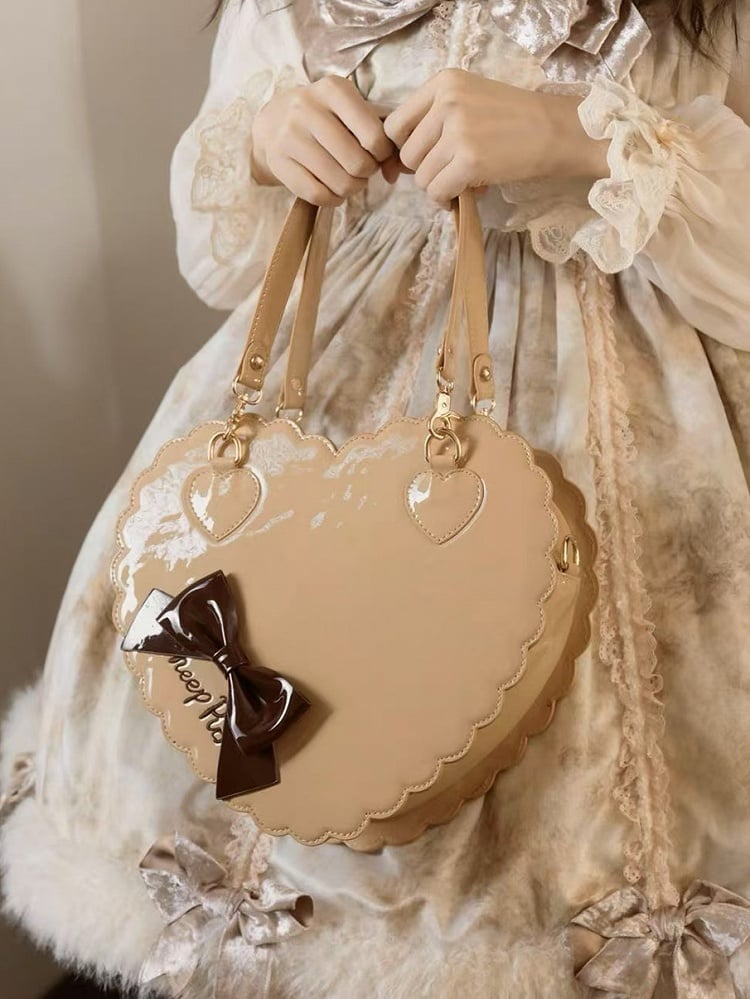 Milk Tea Sweet Lolita 2-Way Bag - Heart Cookie Shape with Bow Accent and Zipper Closure