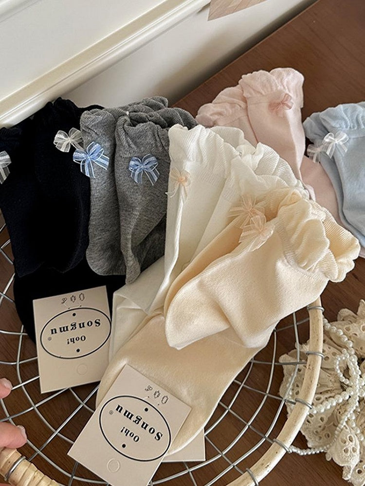 Pink/Blue/Black/White/Yellow/Gray Bowknot Details Ruffled Cuff Calf Socks
