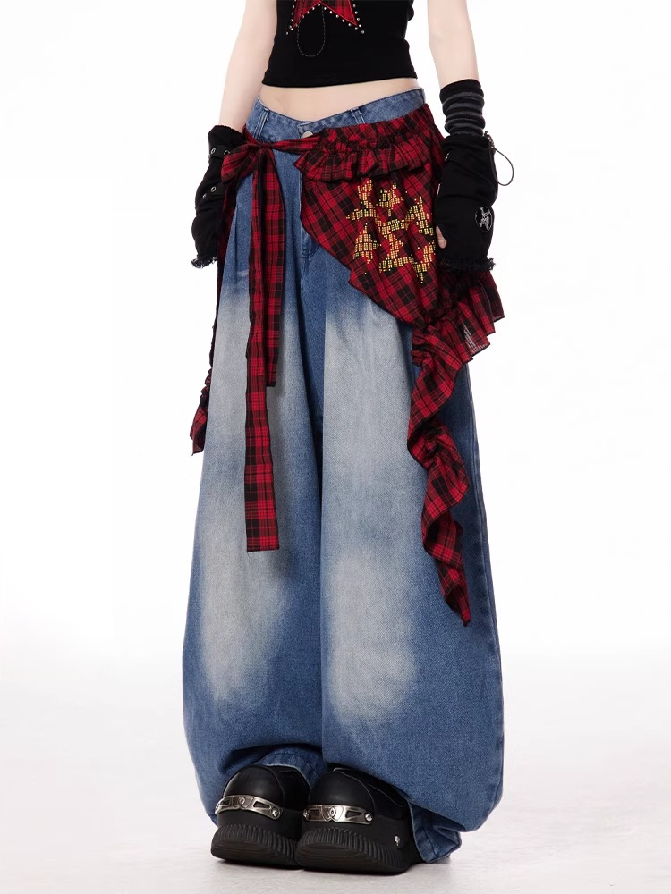Blue Low Rise Faded Wash Vintage Wide-leg Jeans with Red Plaid Waist Accessory