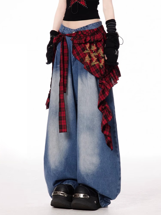 Blue Low Rise Faded Wash Vintage Wide-leg Jeans with Red Plaid Waist Accessory