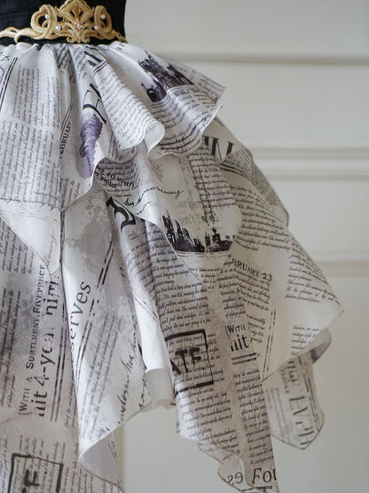 Newspaper Print Layered Handkerchief Skirt Elegant Dress Lolita Jumper Skirt