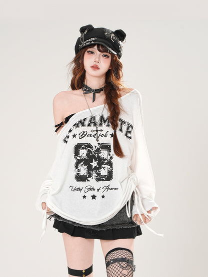 Asymmetrical Neckline Number and Letter Print Drawstring Side White/Black Top