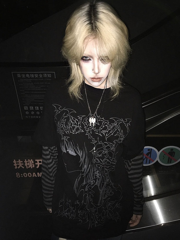 Black Emo Punk Girl Print Striped Sleeves Graphic T-shirt