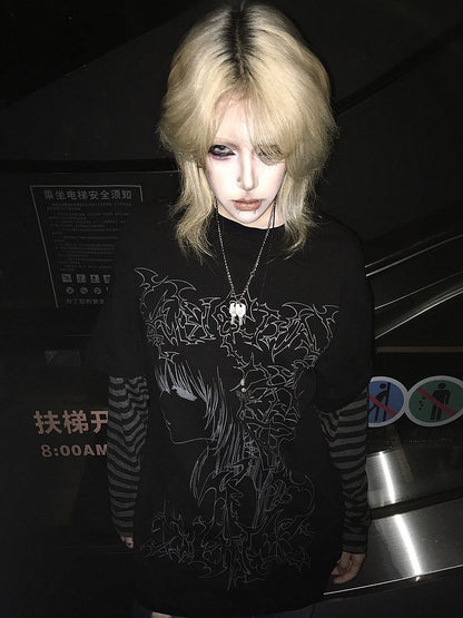 Black Emo Punk Girl Print Striped Sleeves Graphic T-shirt