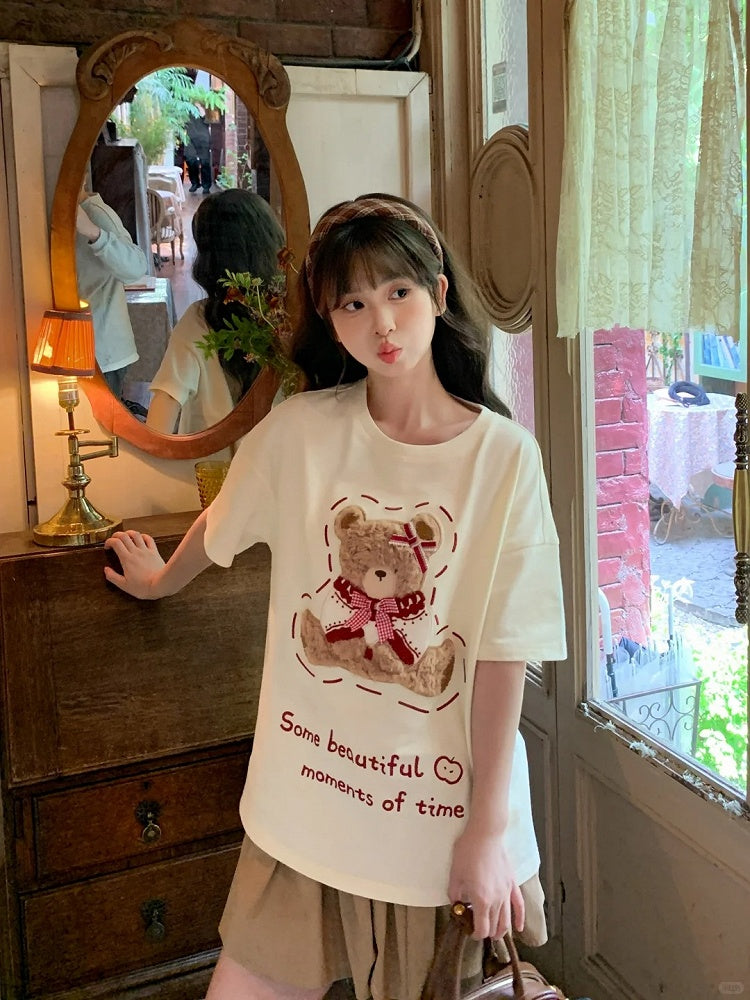 Plush Bear Embroidery Apricot Round Neck Loose Cotton T-shirt