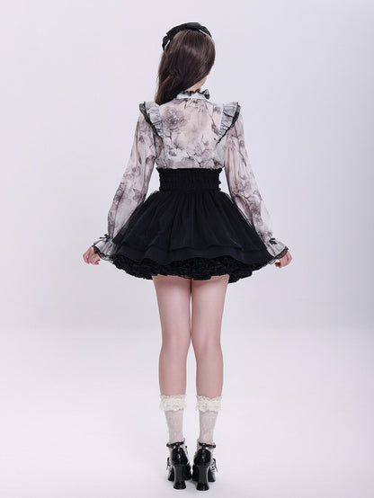 Elegant Gray Floral Jirai Kei Blouse