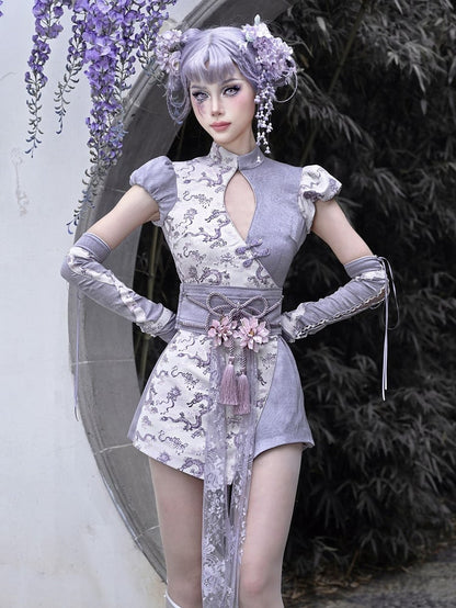 Purple Puff Sleeves Cutout Short Qipao Dress Shorts Lined
