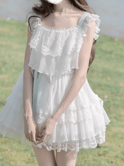 Sweet White Tiered Lace Trim Flutter Sleeves Dress with Brooch and Waist Belt