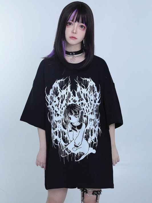 Black Jirai Kei Oversized Cartoon Girl Print T-shirt