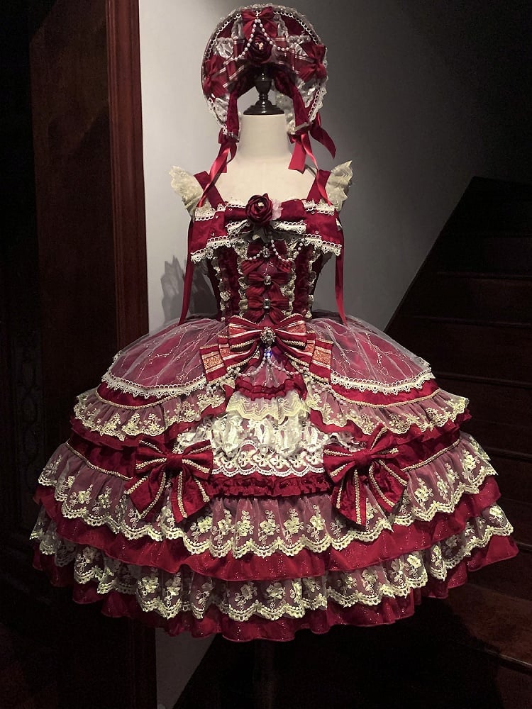 Red Flower Bead Chain Bow Neckline Gorgeous Princess Lolita Dress