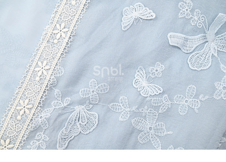 Butterfly Design Blue Floral Embroidery Long Sleeves Top Tassels Hem