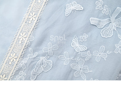 Butterfly Design Blue Floral Embroidery Long Sleeves Top Tassels Hem