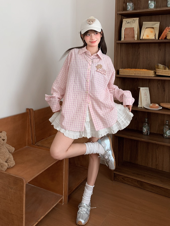 Adorable Bear Embroidery Pink Loose Plaid Shirt