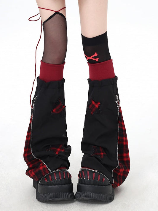 Y2K Style Plaid Leg Warmers in Black & White / Red & Black Colorblock with Star Appliques
