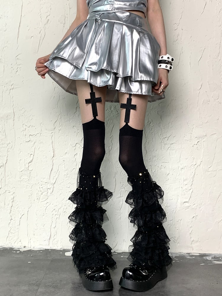 Black Y2K Cross Design Suspender Tights