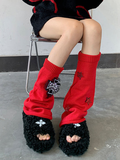 Cross Skulls Sequin Stars Details Leg Warmers Black/Red/White