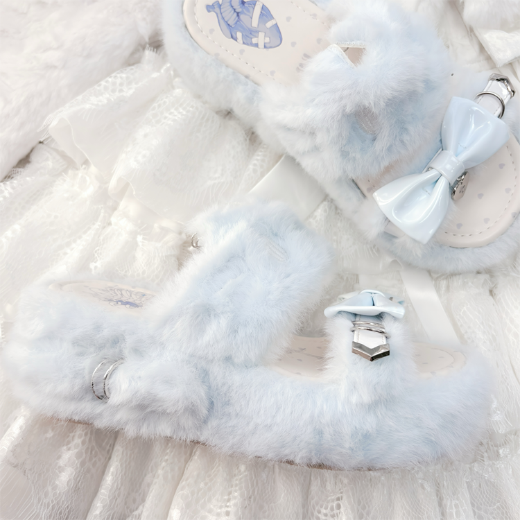 Light Blue Jirai Kei Plush Slippers: Embroidered Cat Design with Platform Sole & Top Bow